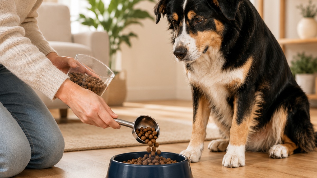 Ration de croquettes dans une gamelle pour chien adulte